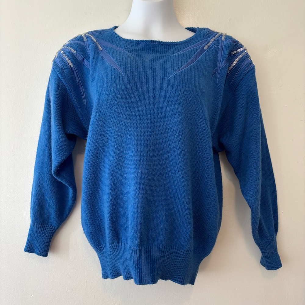 Vintage AngeLi blue sweater sequin shoulders women medium